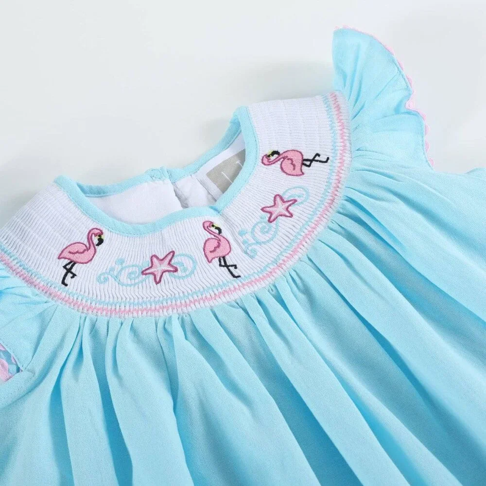Light Blue Flamingo Smocked Bishop Dress - Picture 3 of 4